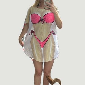 VINTAGE Women’s Beach Cover-Up Tunic with Pink Bikini Print